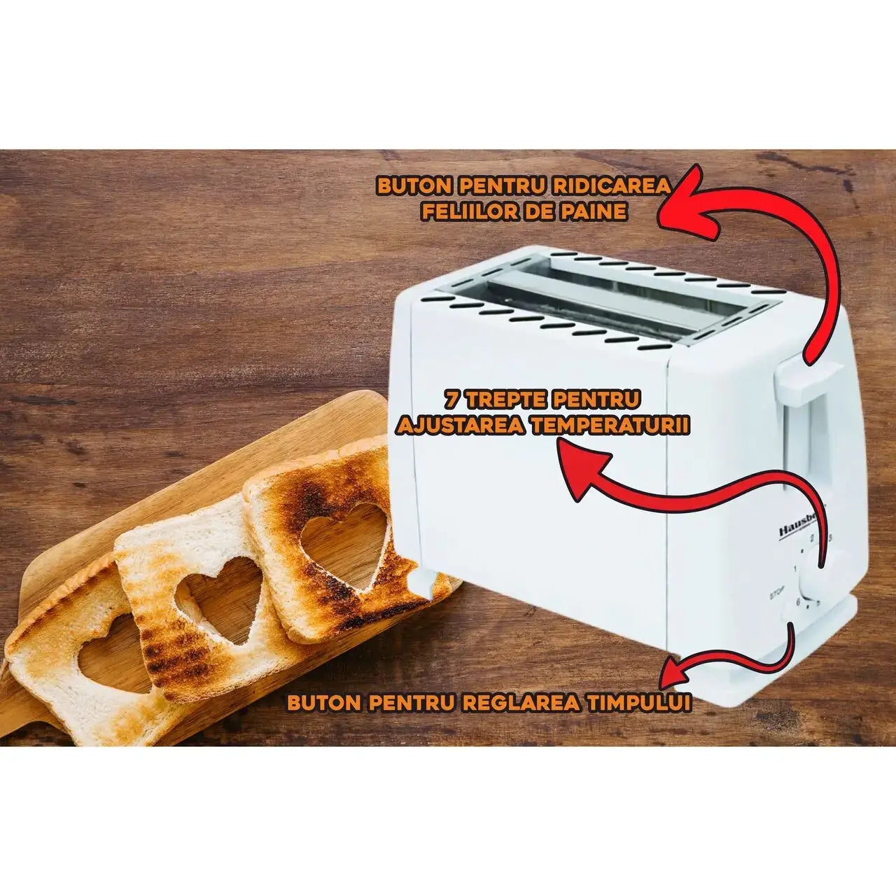 Prajitor de paine HAUSBERG HB-150AB 750W 7 setari 2 felii oprire automata picioare anti-alunecare Alb