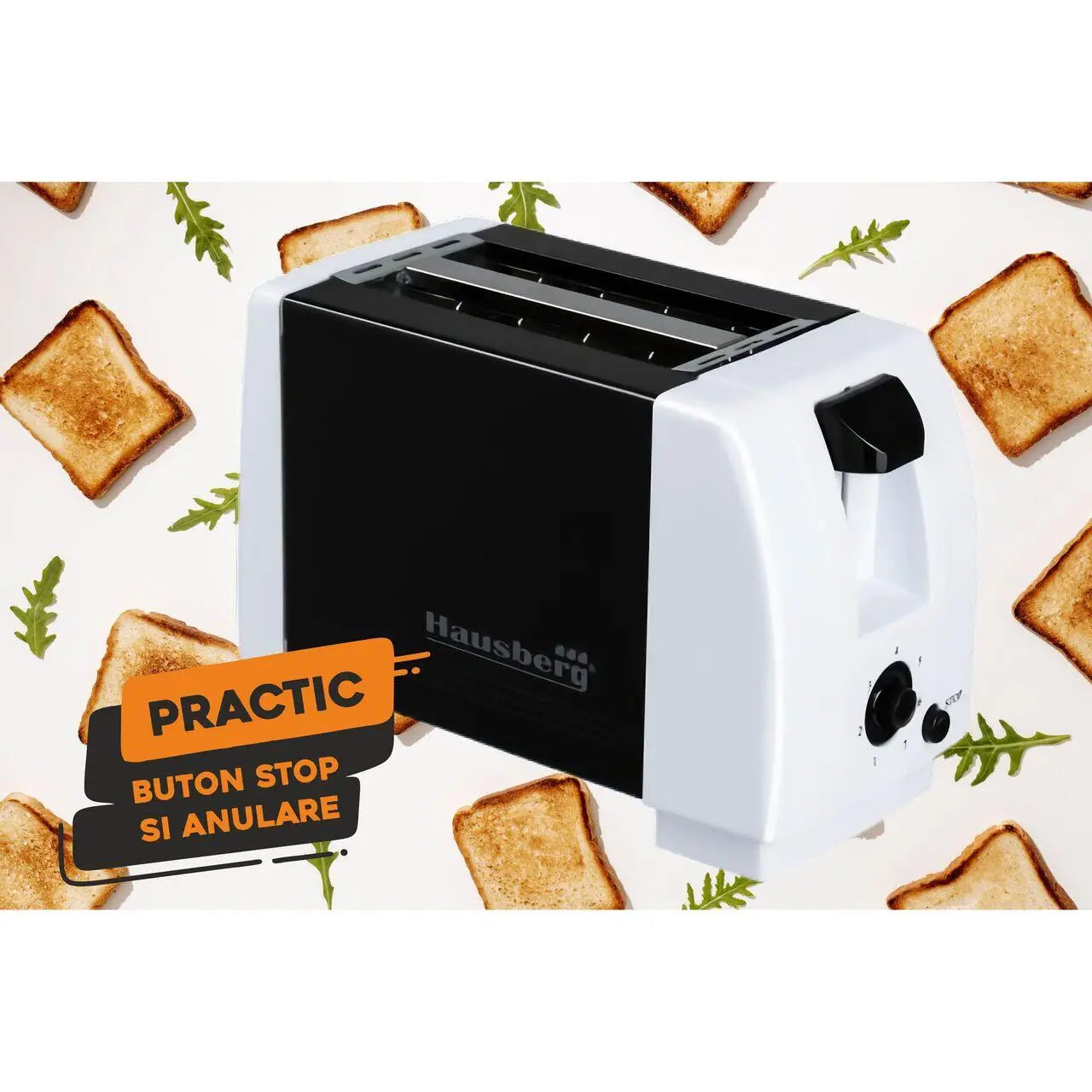 Prajitor de paine HAUSBERG HB-150NG 750W 7 setari 2 felii oprire automata picioare anti-alunecare Negru-Alb