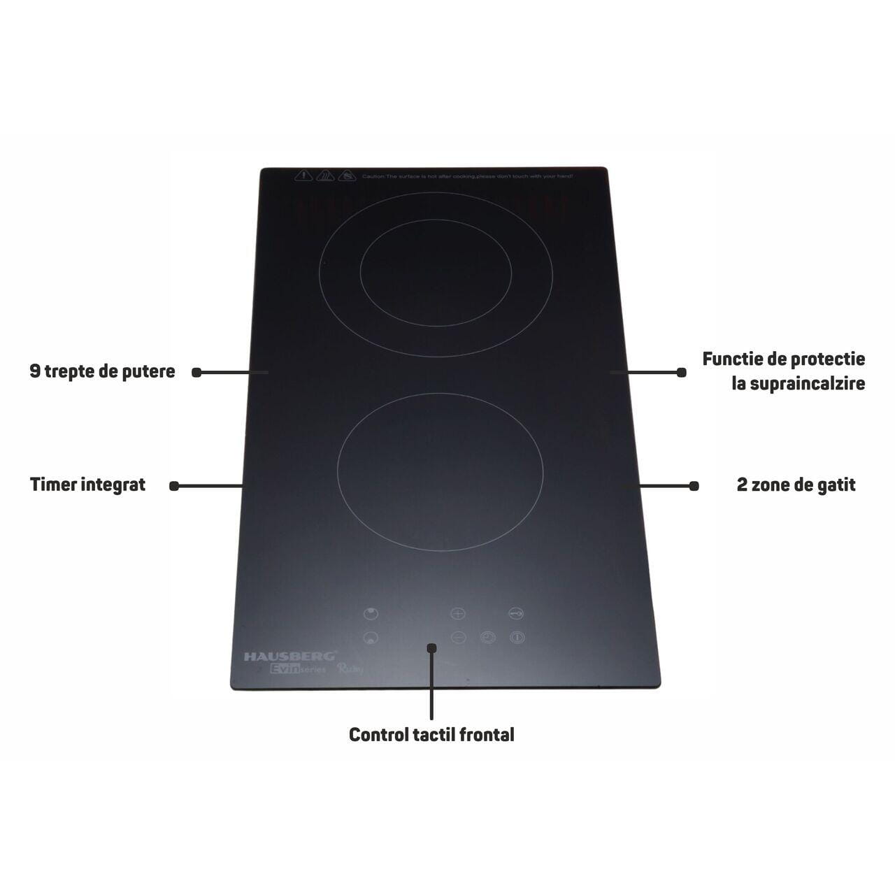 Plita incorporabila HAUSBERG HB-1536 Vitroceramica 2 zone de gatit 9 trepte de putere 3200 W Touch control Timer Sticla