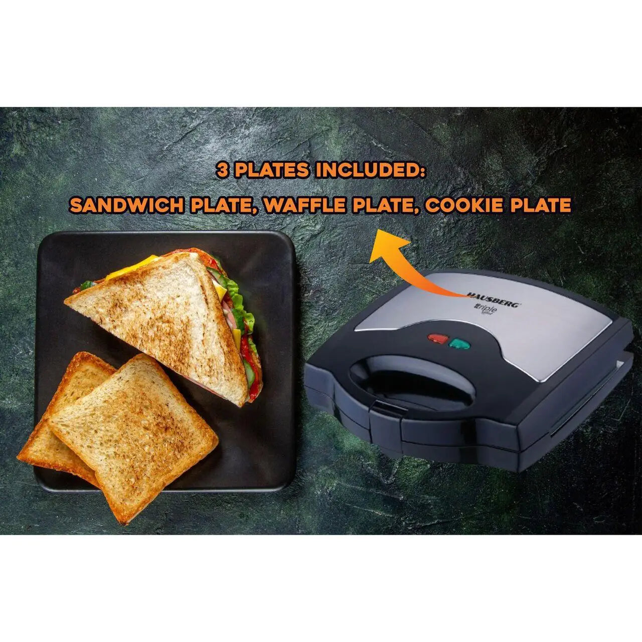 Sandwich maker 3 in 1 HAUSBERG HB-3514IN 700-800 W 3 placi detasabile anti-aderente Termostat Negru/Inox