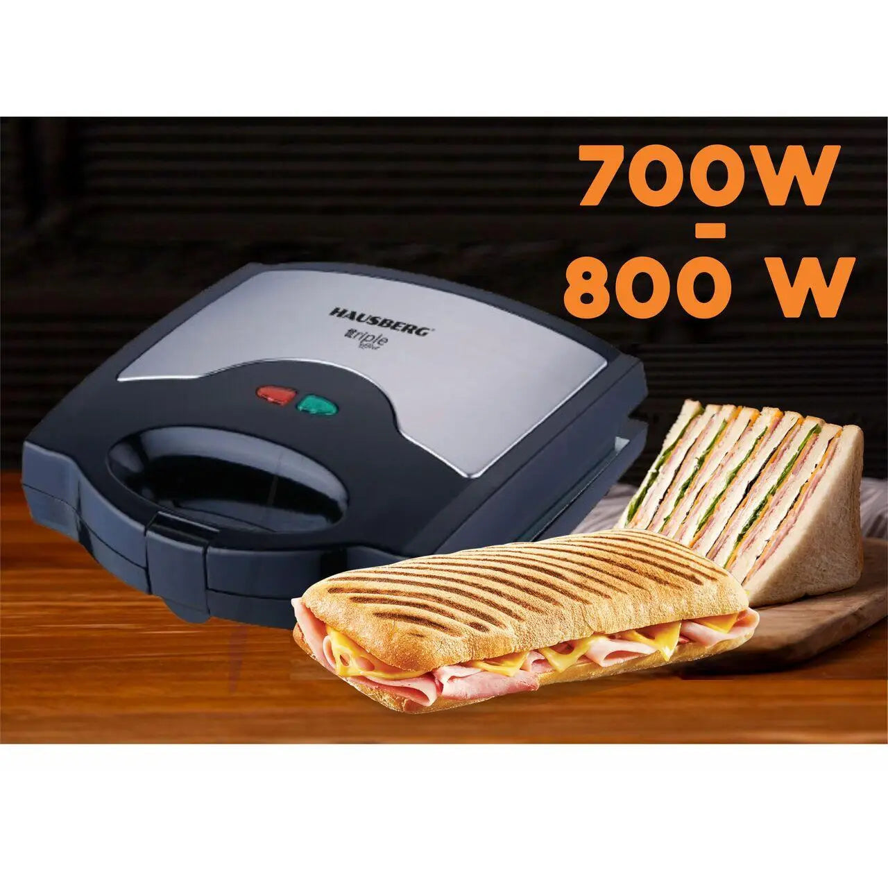 Sandwich maker 3 in 1 HAUSBERG HB-3514IN 700-800 W 3 placi detasabile anti-aderente Termostat Negru/Inox