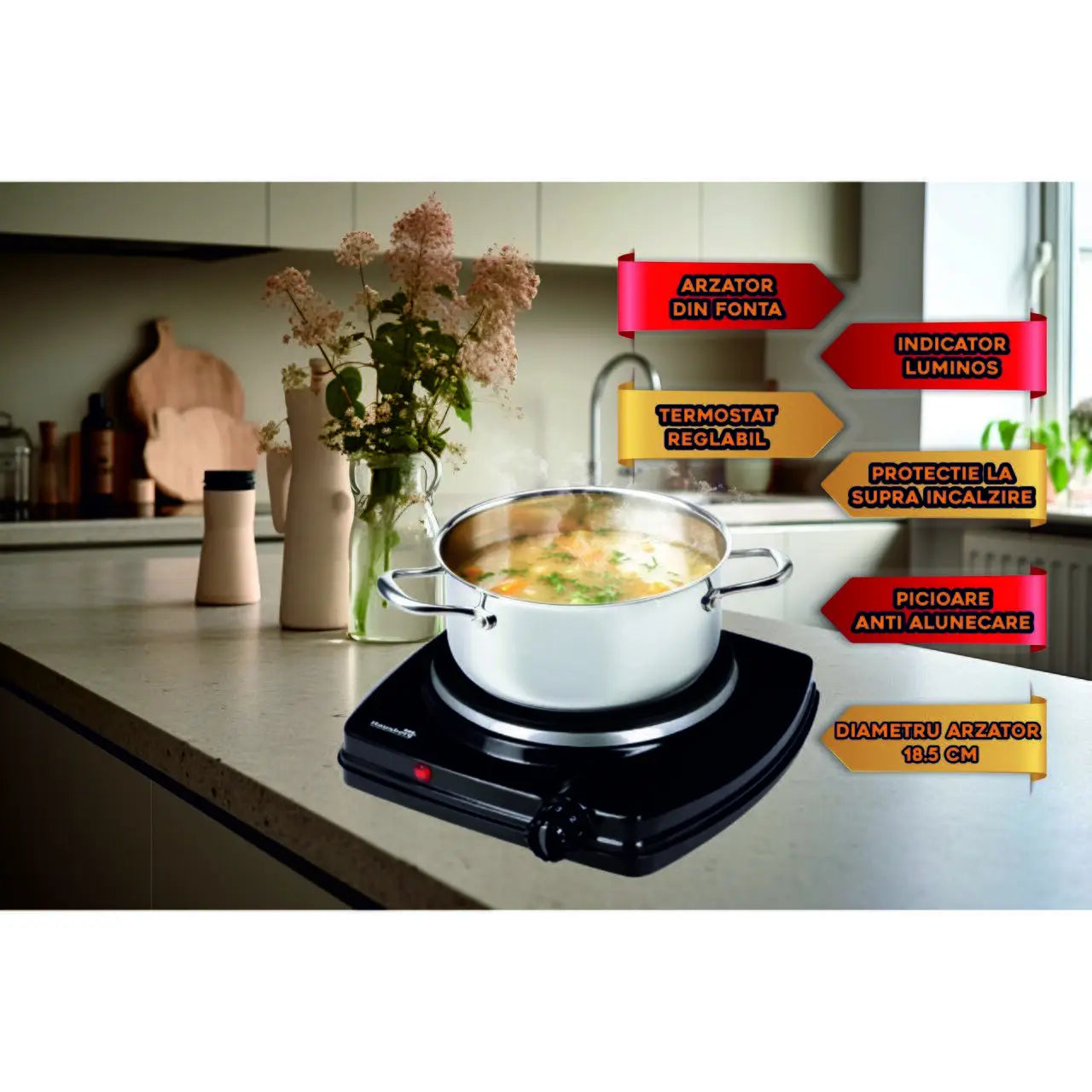 Plita electrica Hausberg HB-519NG Negru 1 arzator Putere 1500W Termostat