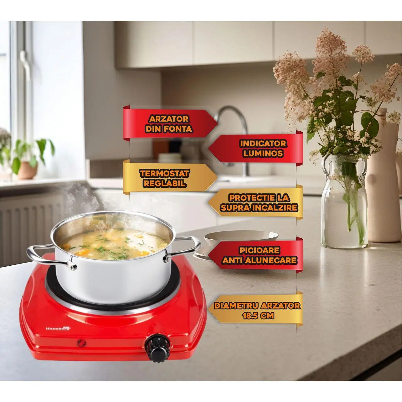 Plita electrica Hausberg HB-519RS Rosu 1 arzator Putere 1500W Termostat