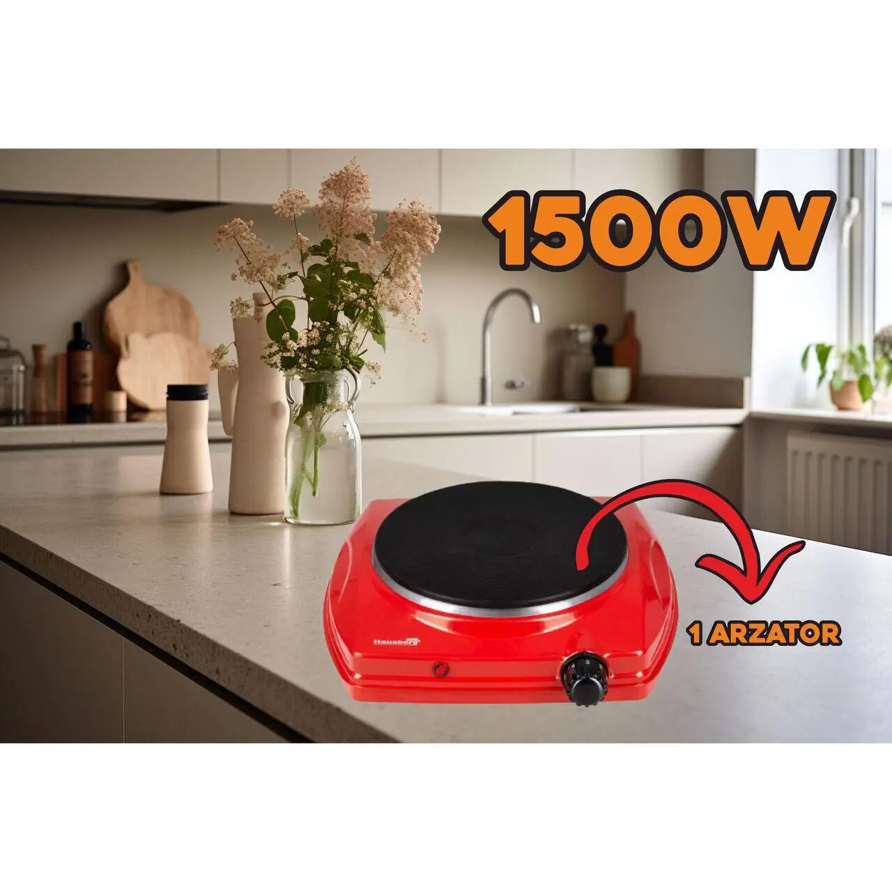 Plita electrica Hausberg HB-519RS Rosu 1 arzator Putere 1500W Termostat