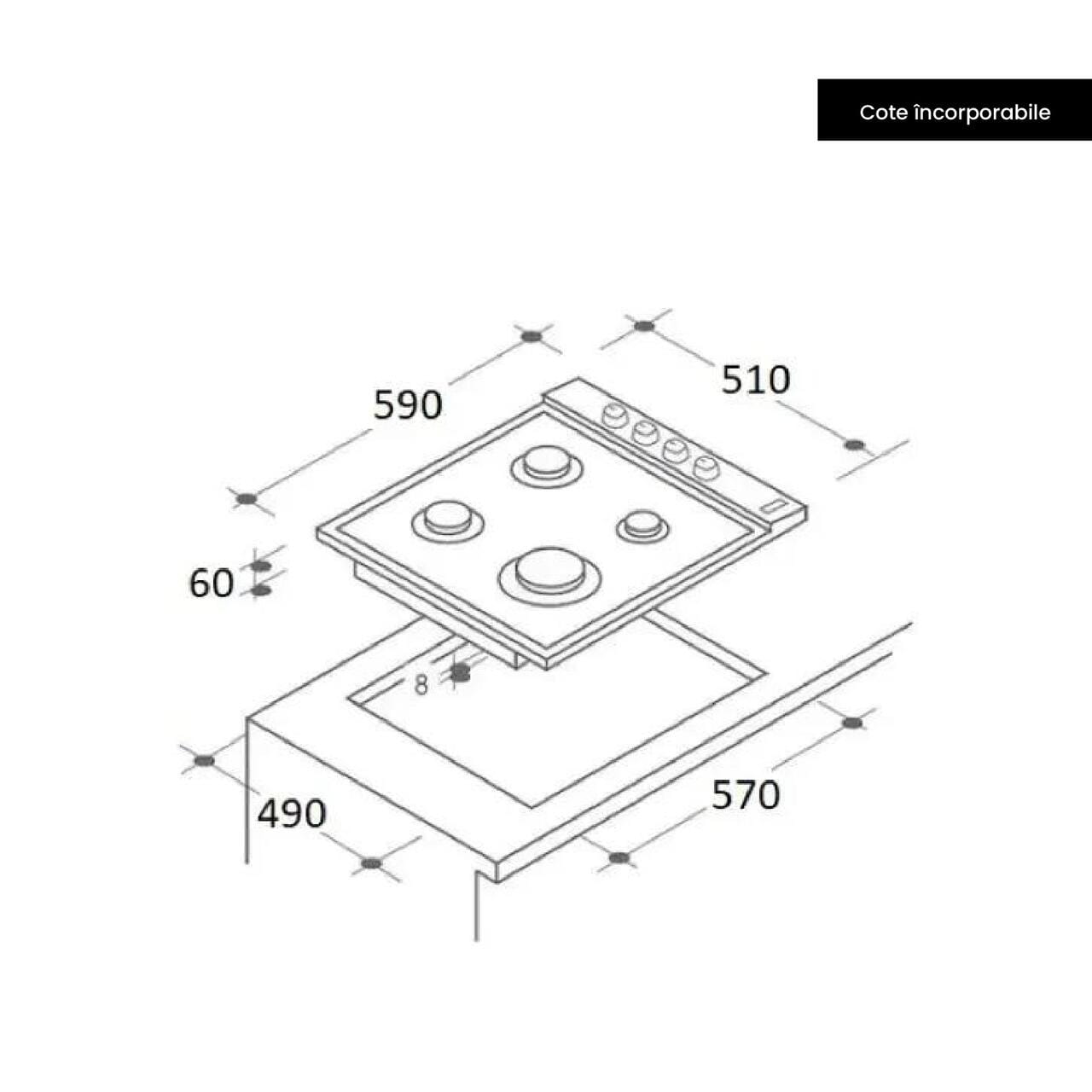 Plita incorporabila Hausberg HB-555 aprindere electrica gaz 4 arzatoare sistem siguranta Inox