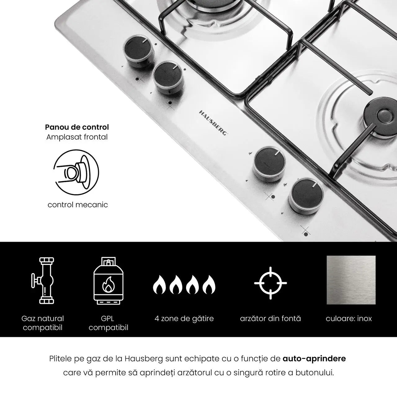 Plita incorporabila Hausberg HB-555 aprindere electrica gaz 4 arzatoare sistem siguranta Inox