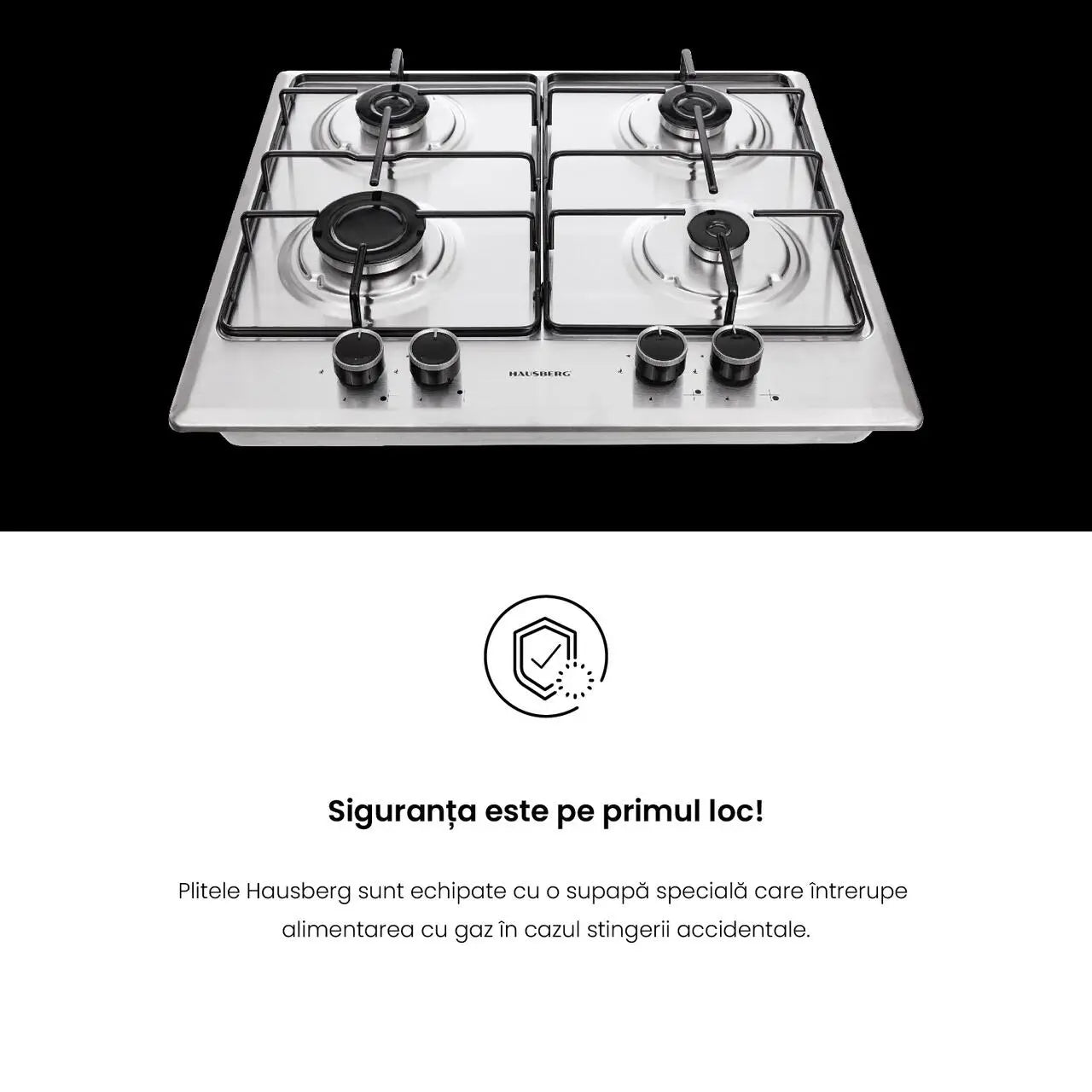 Plita incorporabila Hausberg HB-555 aprindere electrica gaz 4 arzatoare sistem siguranta Inox