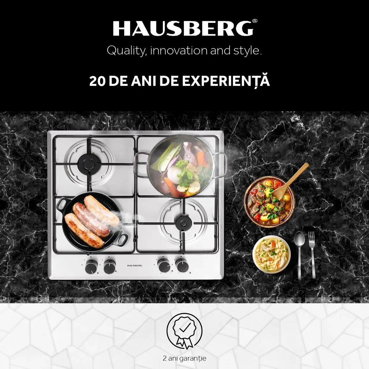 Plita incorporabila Hausberg HB-555 aprindere electrica gaz 4 arzatoare sistem siguranta Inox