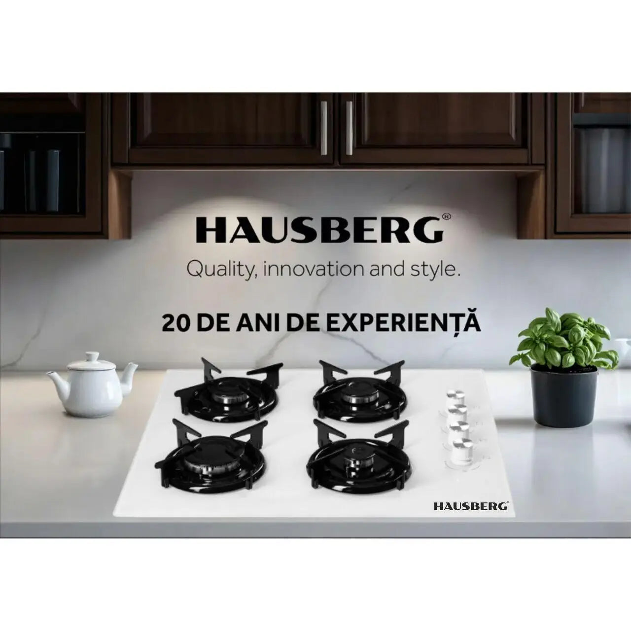 Plita incorporabila Hausberg HB-563AB Gaz 4 arzatoare aprindere electrica Alb