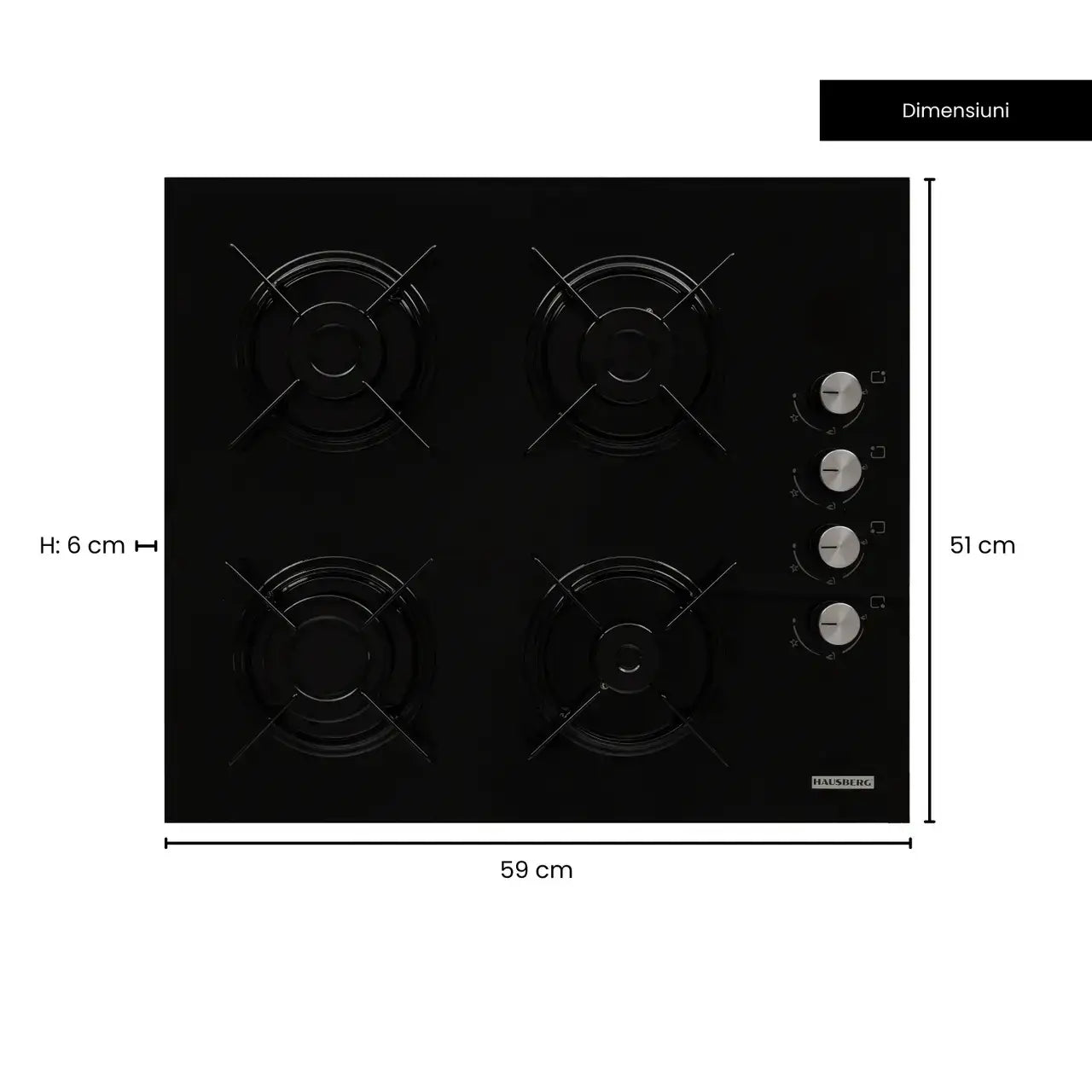 Plita incorporabila Hausberg HB-563 Gaz 4 arzatoare Negru