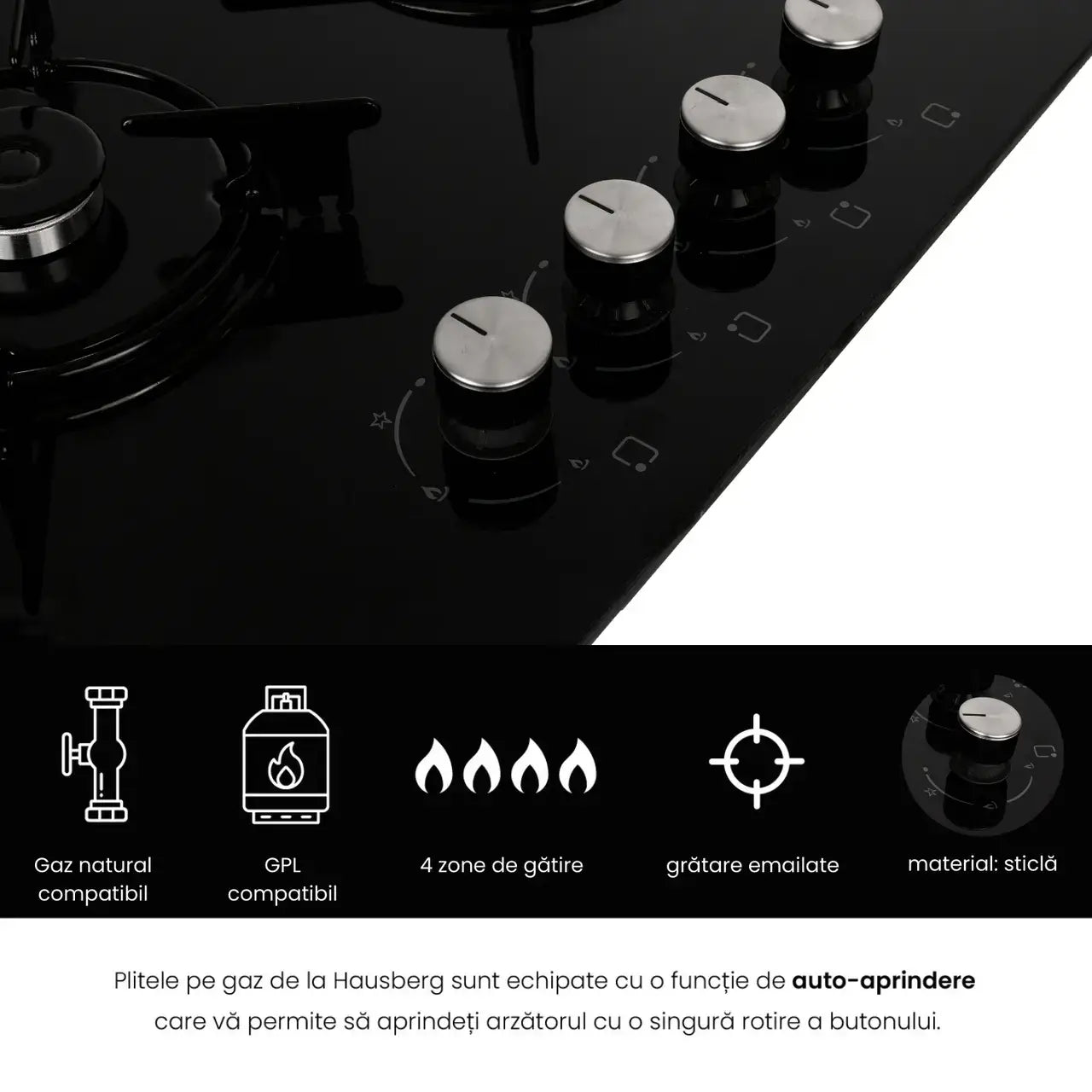 Plita incorporabila Hausberg HB-563 Gaz 4 arzatoare Negru