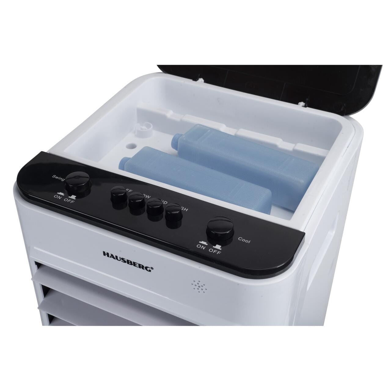 Racitor de aer portabil Hausberg HB-5963AB 55–80W rezervor 12L 3 viteze functie Turbo oscilatie 60° control mecanic alb