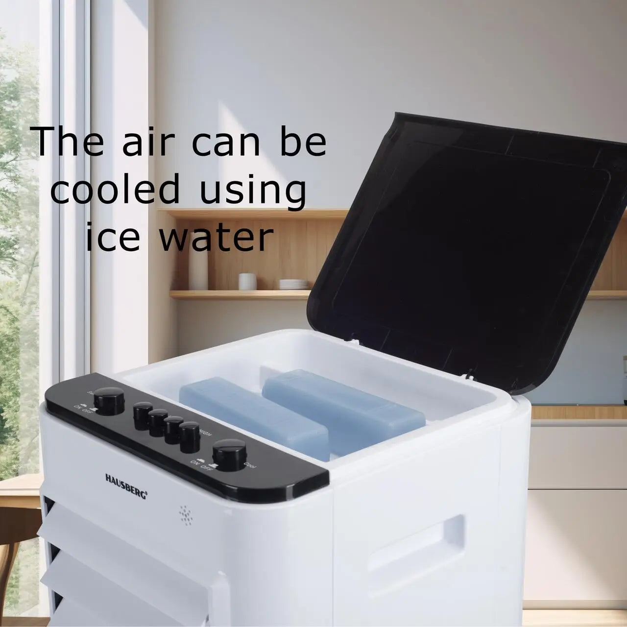 Racitor de aer portabil Hausberg HB-5963AB 55–80W rezervor 12L 3 viteze functie Turbo oscilatie 60° control mecanic alb