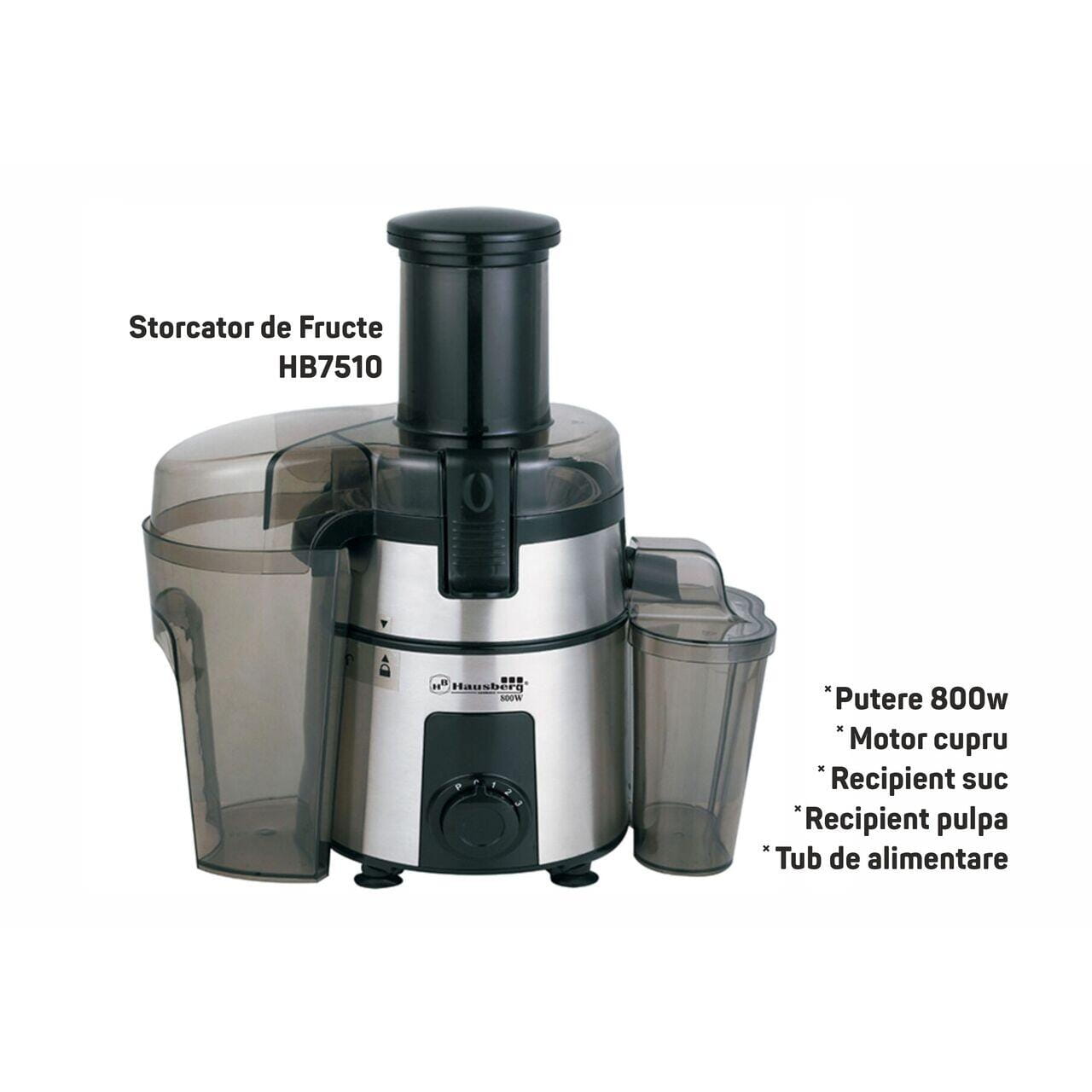 Storcator de Fructe Hausberg HB7510 800W,Inox/Negru Lame Otel Inoxidabil