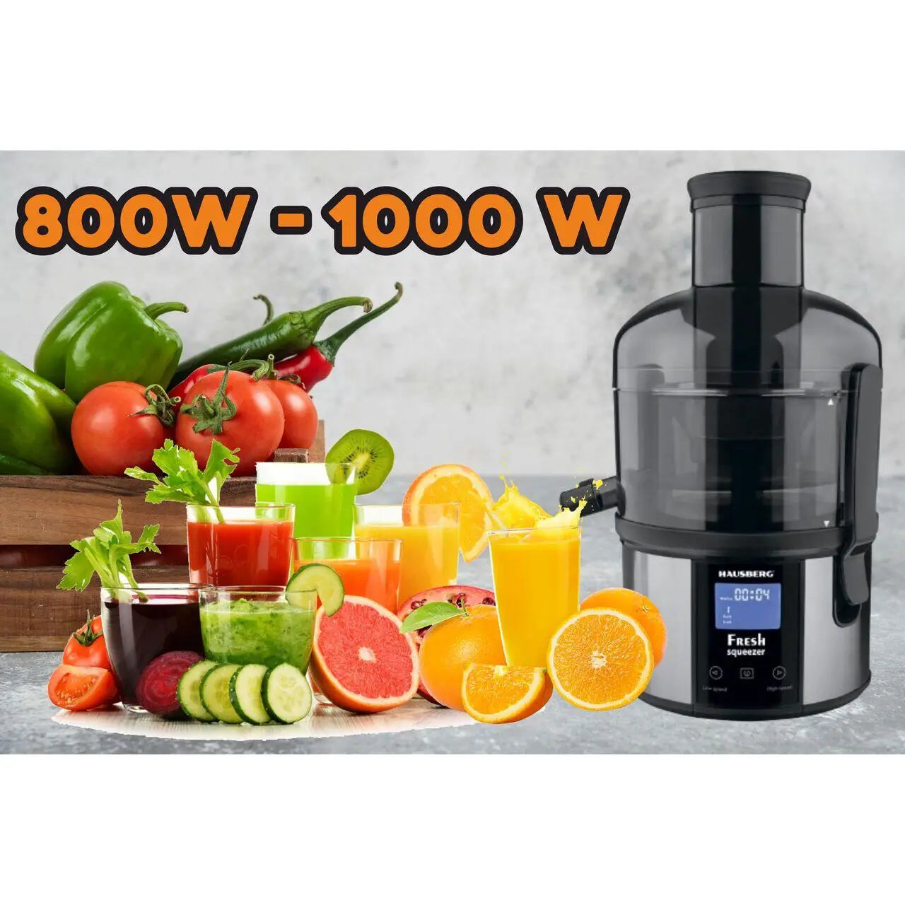 Storcator de fructe Digital HAUSBERG HB-7545IN 800-1000W 85mm 1L Pulpa 5 Viteze Otel inoxidabil Negru/Inox