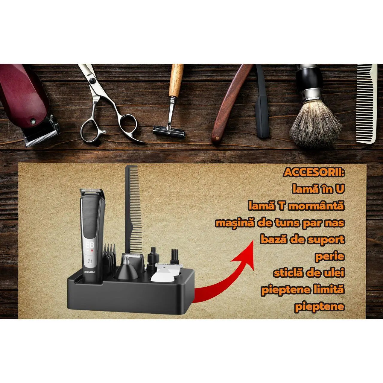 Set aparat de tuns profesional HAUSBERG HB-76GR accesorii autonomie 120 min 5W afisaj LCD