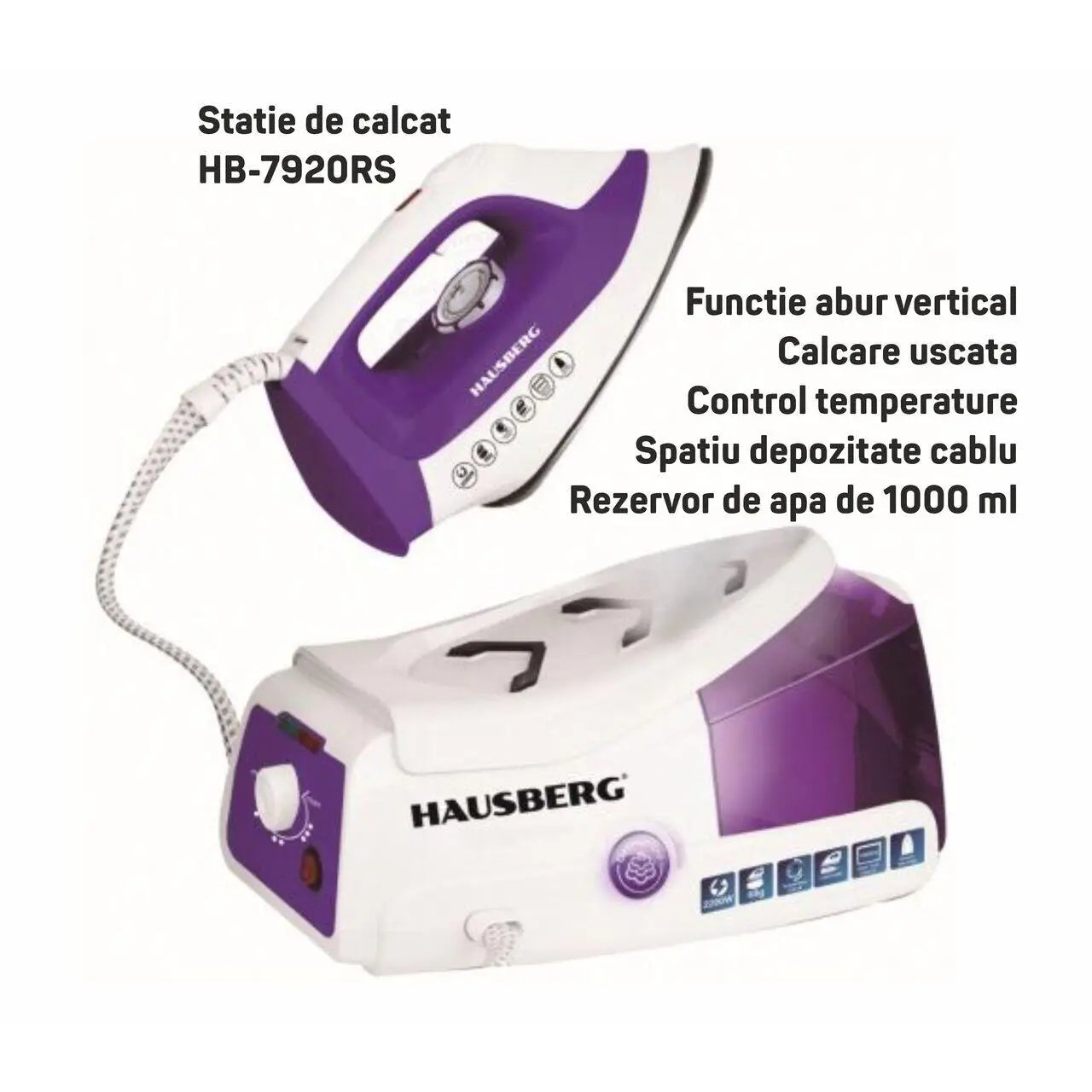 Statie de calcat HAUSBERG HB-7920MV 2200W 68g/min 1000ml anti-calcar termostat talpa ceramica Mov-Alb