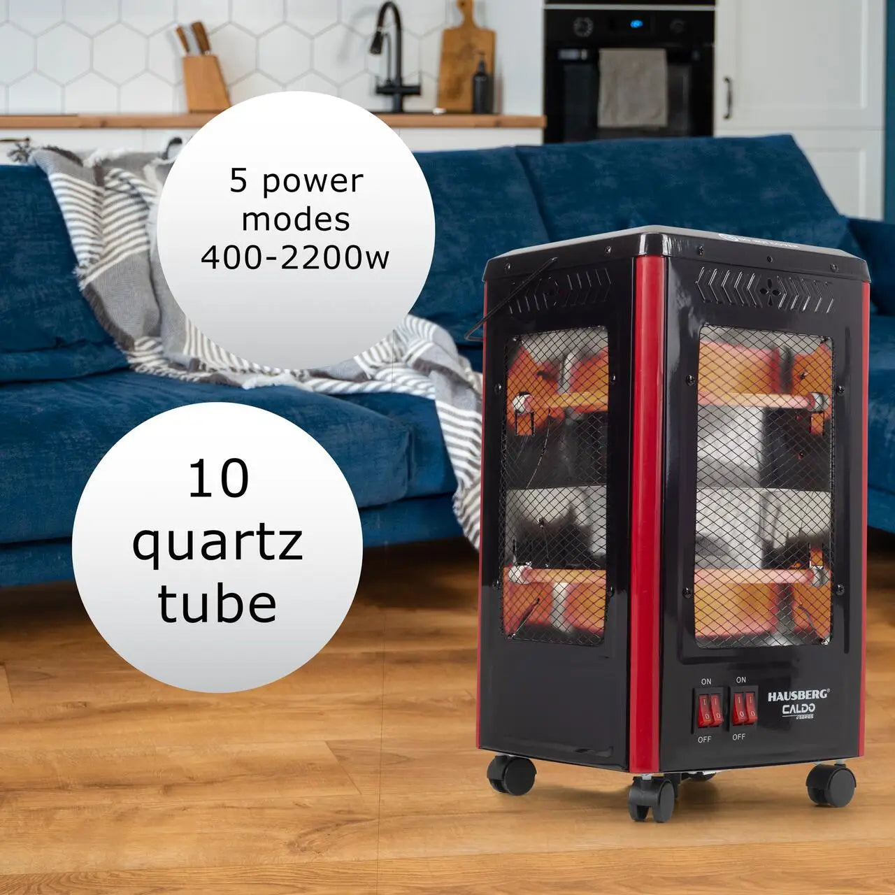 Radiator electric Hausberg HB-8802NG 2200W 5 niveluri de putere incalzire in 5 directii roti deplasare maner