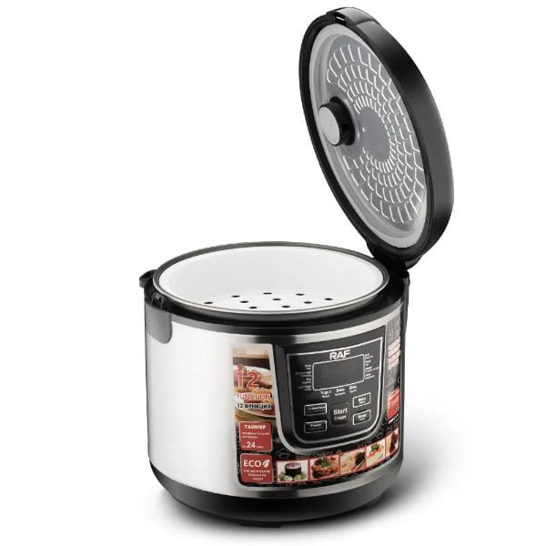 Imaginea arată un multicooker R-166 cu design modern, ecran LED și timer 24h.