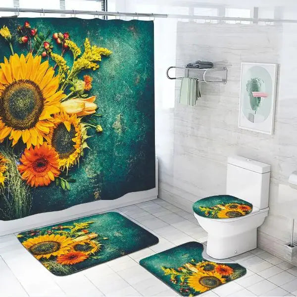 Set pentru baie cu motive de floarea soarelui, covorașe pentru podea și zona din fața toaletei