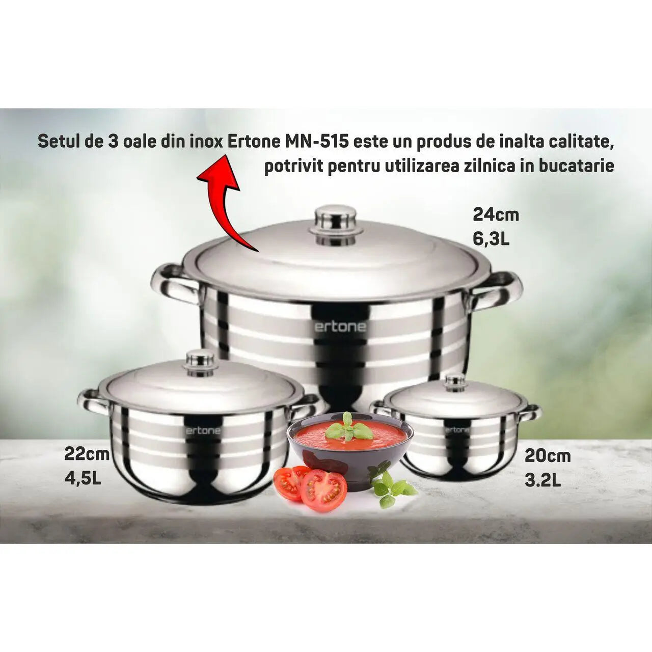 Set 3 oale din inox Ertone MN-515 cu capace din sticla, ideal pentru gătit zilnic