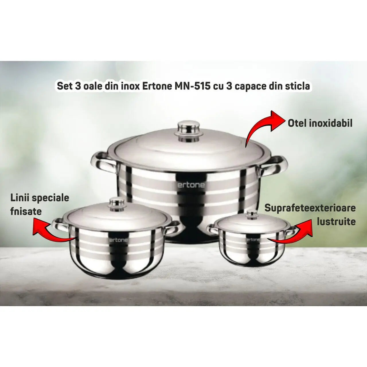 Set 3 oale din inox Ertone MN-515 cu capace din sticla, inox Ertone pentru gătit