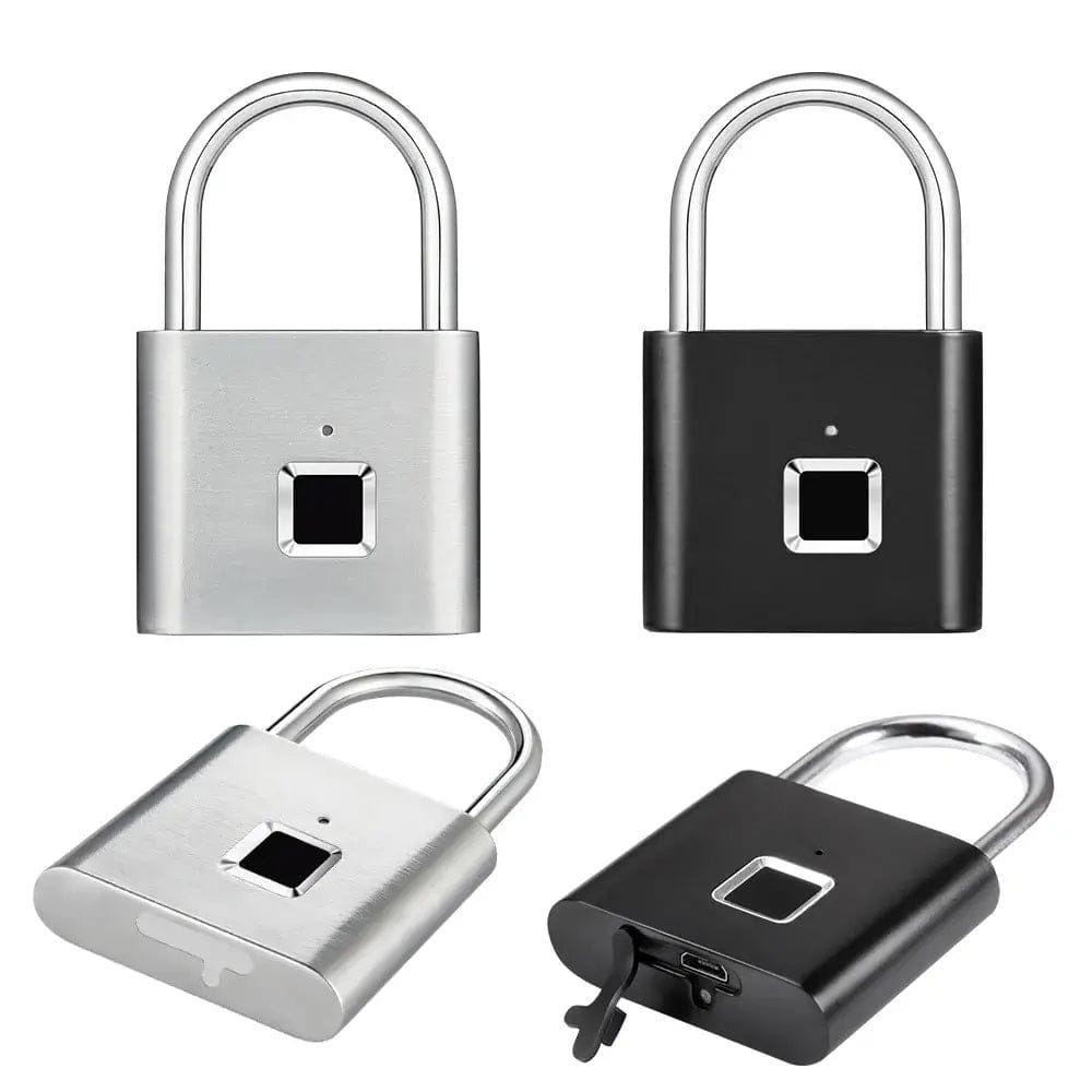 Lacat smart cu deblocare prin amprentă, incarcare USB, set de două, negru și argintiu