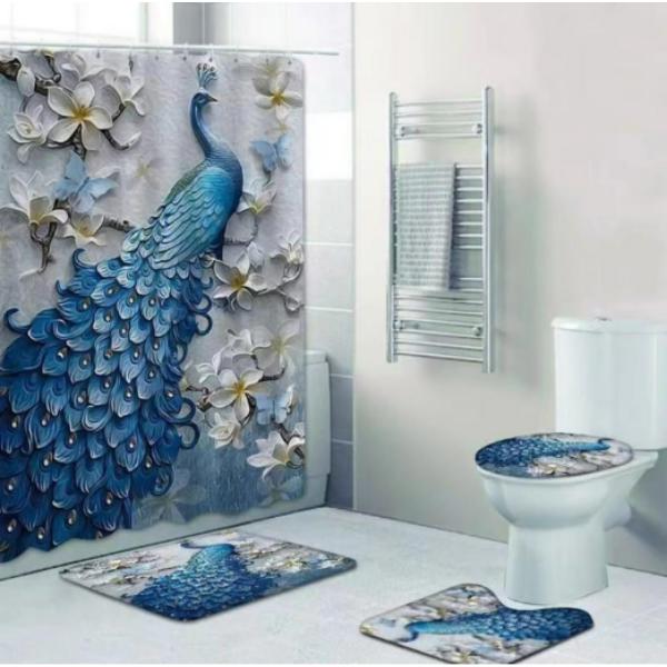 Set Pentru Baie: Perdea Covorase Si Husa De Toaleta - Peacock