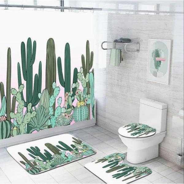 Set pentru baie cu cactusi, incluzând covorașe pentru podea și toate elementele din set pentru zona din fața toaletei.