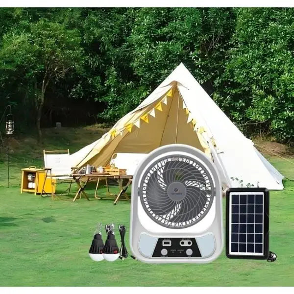 Ventilator solar portabil cu becuri led și lanternă, ideal pentru camping și curent oprit