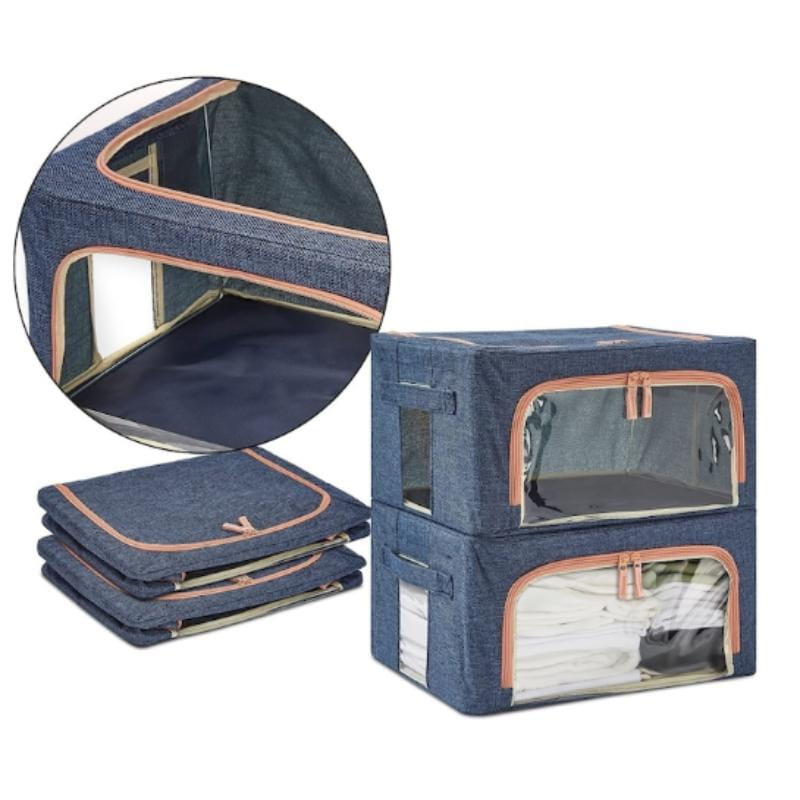 Set 3 x Cutie Pliabila cu Fermoar si Fereastra pentru Depozitare 24L + 66L + 100L Albastru