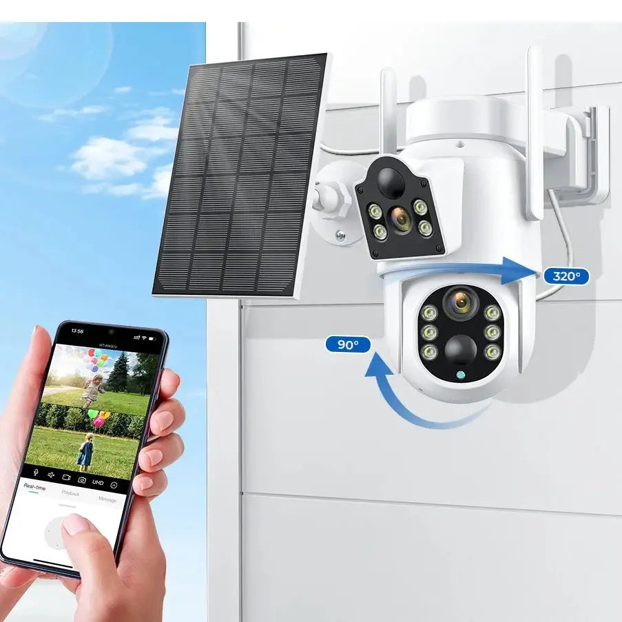 Camera de Supraveghere rotativa cu incarcare solară și panou solar, permite monitorizarea.
