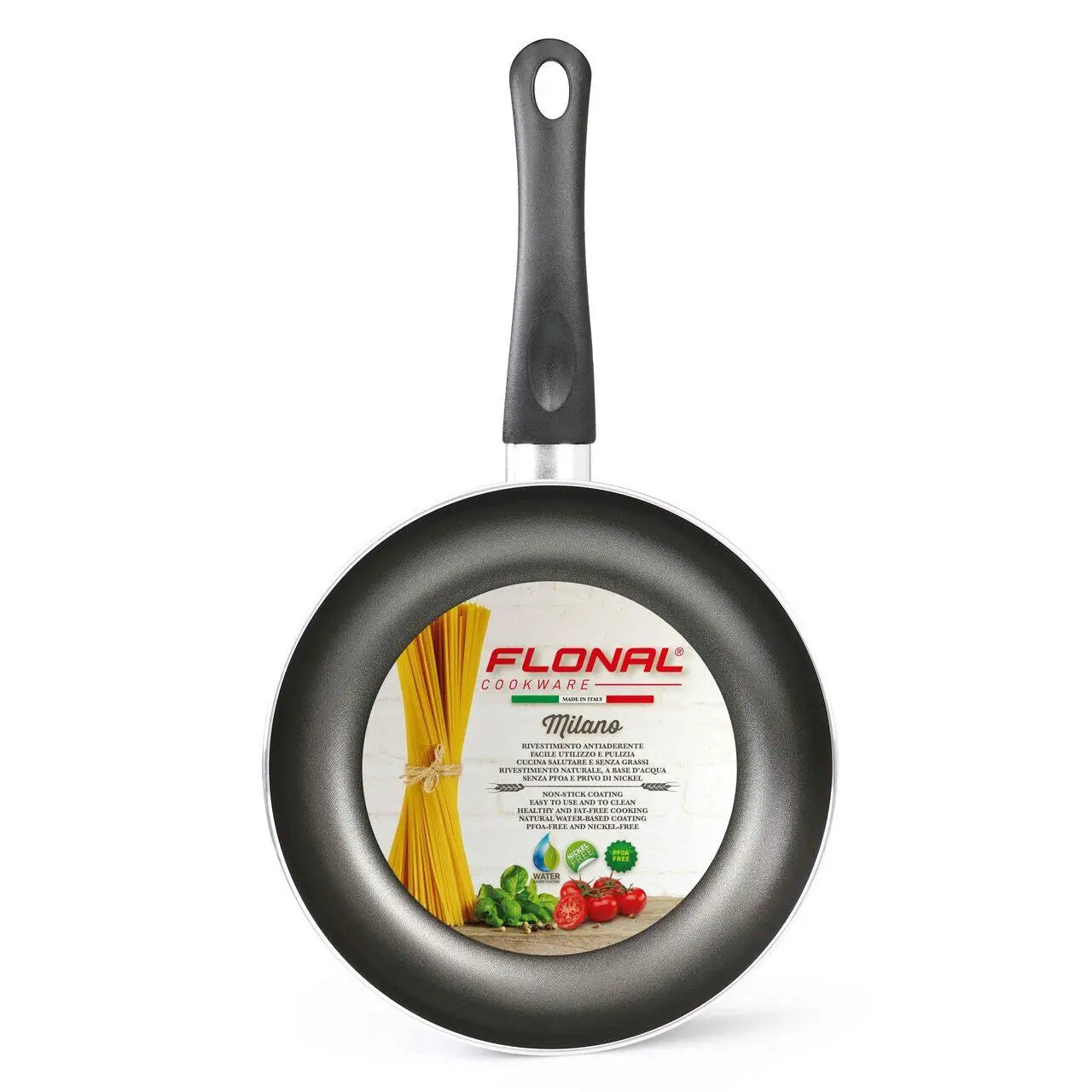 Frying pan aluminiu Flonal GMRPB3042 cu mâner lung și etichetă cu paste și legume