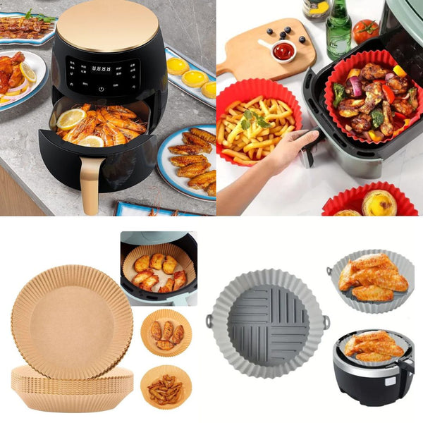 Air Fryer - Friteuza fara Ulei 6 Litri Display Digital 2400 W Functie de Coacere + Set 50 hartii de Copt + 2 x Forma
