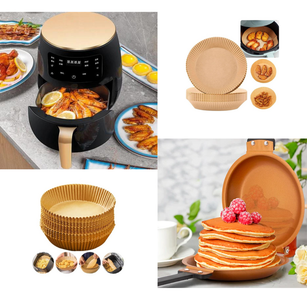 Air Fryer - Friteuza fara Ulei 6 Litri Display Digital 2400 W + Tigaie Dubla Titanium Copper + Set 50 hartii de Copt