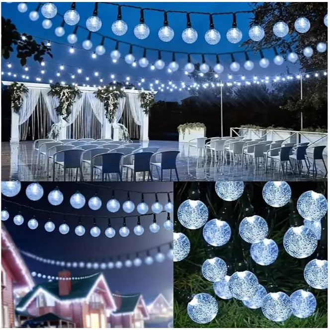 Iluminat exterior cu globulețe crackle-effect și panou solar incarcare pentru lăsarea serii