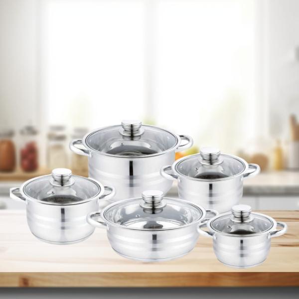 Set 5 Oale Inox cu Capace din Sticla Termorezistenta Dimensiuni 18-20-22-24-26 cm Baza Termica Manere Metalice Gatit