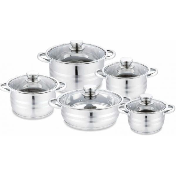 Set 5 Oale Inox cu Capace din Sticla Termorezistenta Dimensiuni 18-20-22-24-26 cm Baza Termica Manere Metalice Gatit