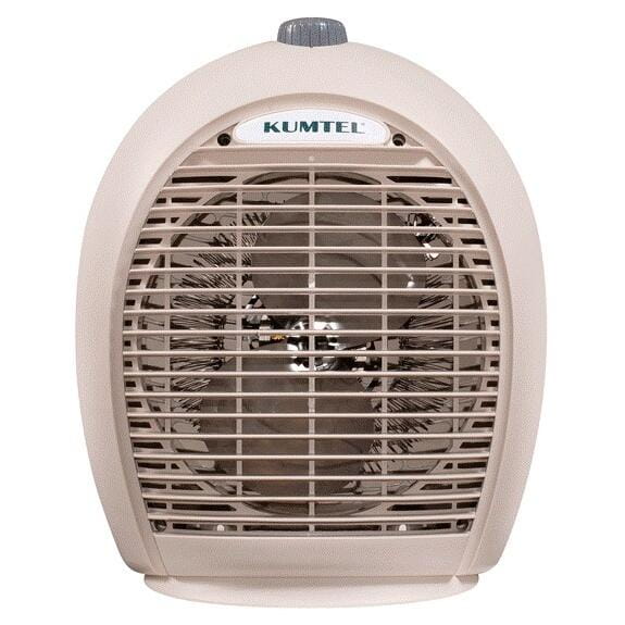 Aeroterma Kumtel A6331, ventilator compact crem, cu grilaj de protecție și fan.