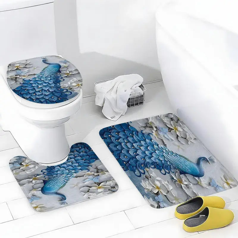 Set Pentru Baie: Perdea Covorase Si Husa De Toaleta - Peacock