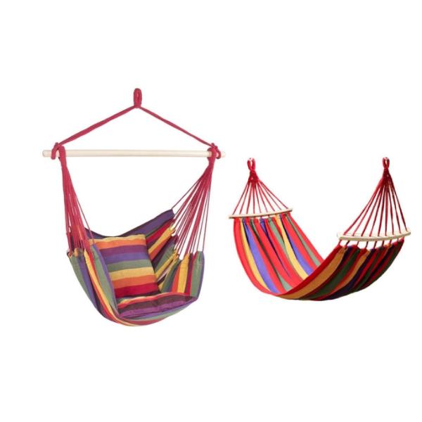 Set 2 x Hamac: Hamac Tip Scaun cu Bara de Lemn + Hamac Colorat cu Doua Bare din Lemn