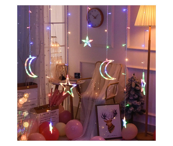 Instalatie Craciun LED interior - exterior perdea Luna si Stele Lumina Multicolor - Articole Iluminat