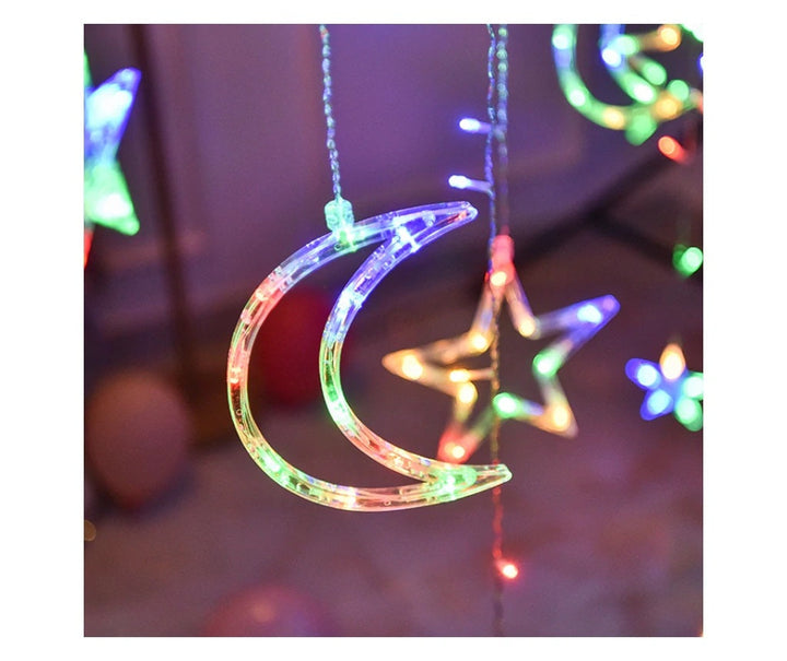 Instalatie Craciun LED interior - exterior perdea Luna si Stele Lumina Multicolor - Articole Iluminat