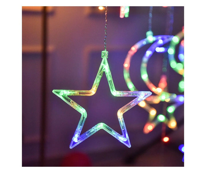 Instalatie Craciun LED interior - exterior perdea Luna si Stele Lumina Multicolor - Articole Iluminat