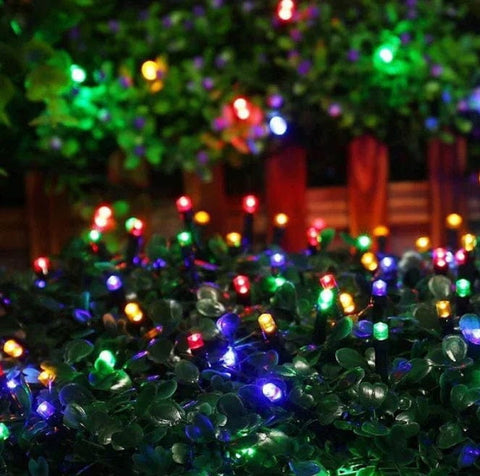 Iluminat exterior cu instalație cu încărcare solară, LED multicolore pe frunziș verde