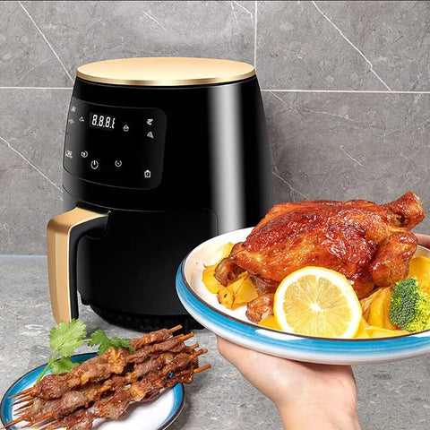 Imagine prezentând friteuză fara ulei cu display digital și aer cald, încărcată cu mâncare.