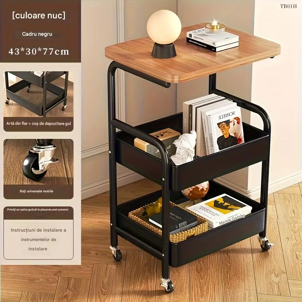Masa Superioara cu 2 Roti 2 Rafturi Metalice Depozitare Organizator Multifunctional Bucatarie Baie sau Living 77x43x30