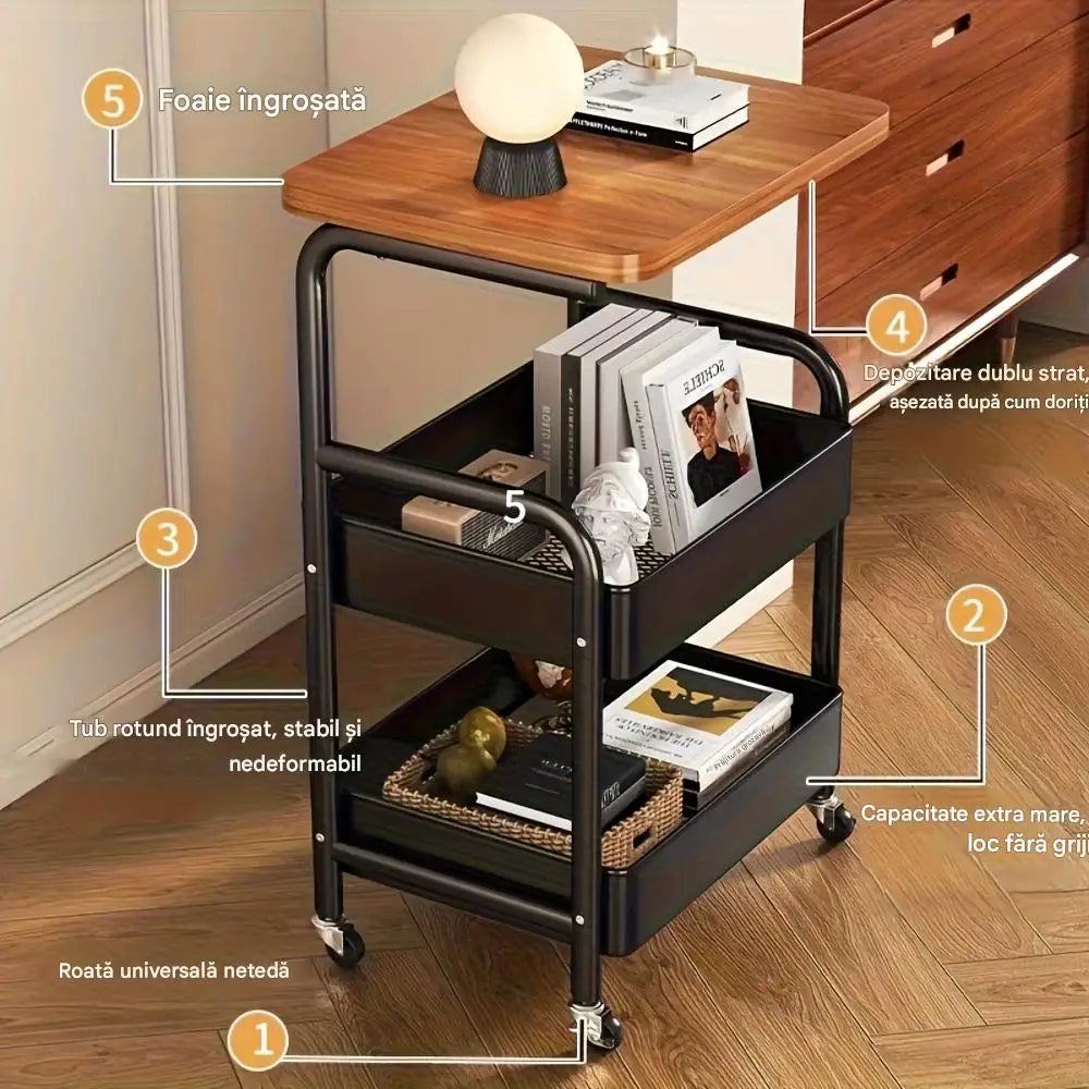 Masa Superioara cu 2 Roti 2 Rafturi Metalice Depozitare Organizator Multifunctional Bucatarie Baie sau Living 77x43x30