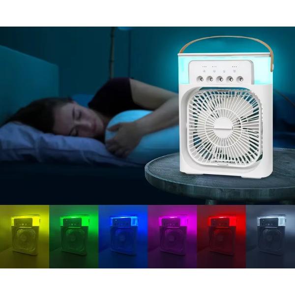 Ventilator cu apă cu LED-uri colorate, conectivitate USB, umidificare și purificare.