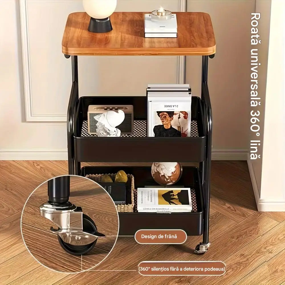 Masa Superioara cu 2 Roti 2 Rafturi Metalice Depozitare Organizator Multifunctional Bucatarie Baie sau Living 77x43x30